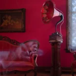 19th century female ghost listening to phonograph
