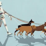 Humanoid robot walking dogs on leashes against blue background