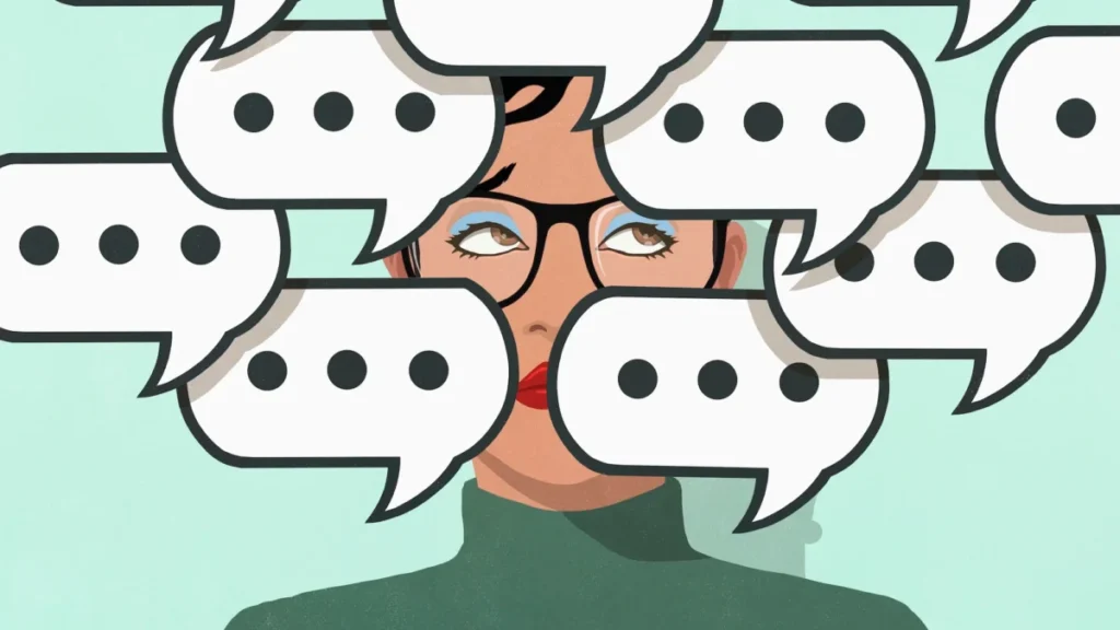 Text message chat speech bubbles covering the face of woman with eyeglasses