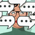 Text message chat speech bubbles covering the face of woman with eyeglasses