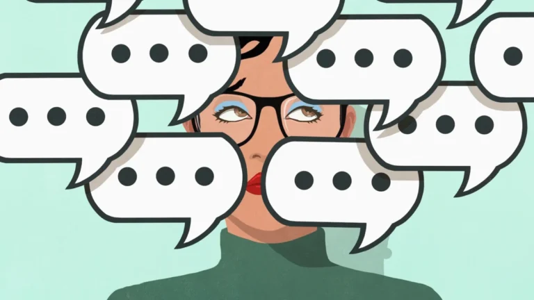 Text message chat speech bubbles covering the face of woman with eyeglasses