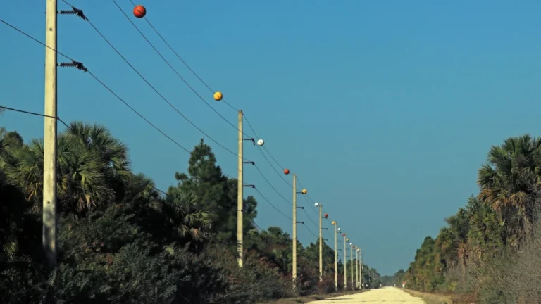Colorful Visibility Marker Balls on power lines along a gravel road in Florida