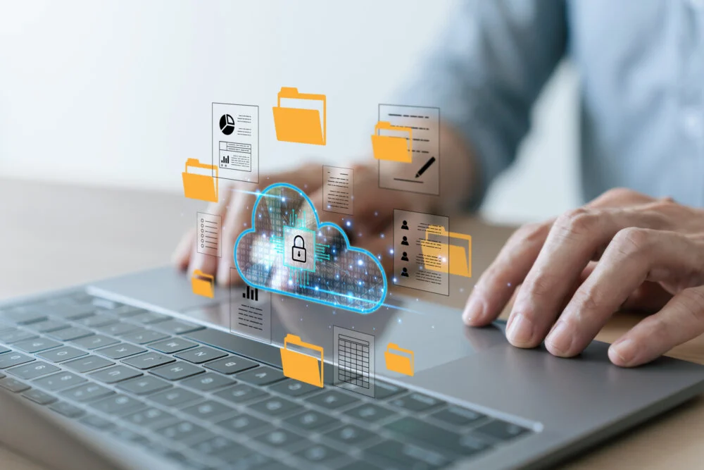 Database storage cloud technology file data transfer sharing, cyber, big data information for financial online marketing, internet banking application or computer download upload backup cloud drive.