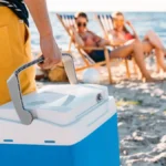 cropped shot of man holding beach cooler while friends resting on sand behind